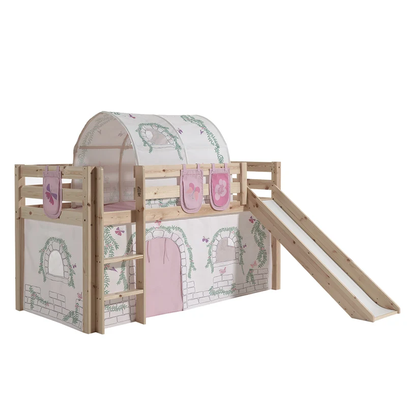 Lit Mi-Hauteur 90x200 avec Toboggan Sommier Inclus et Housse Birdy Vipack Pino - Bois