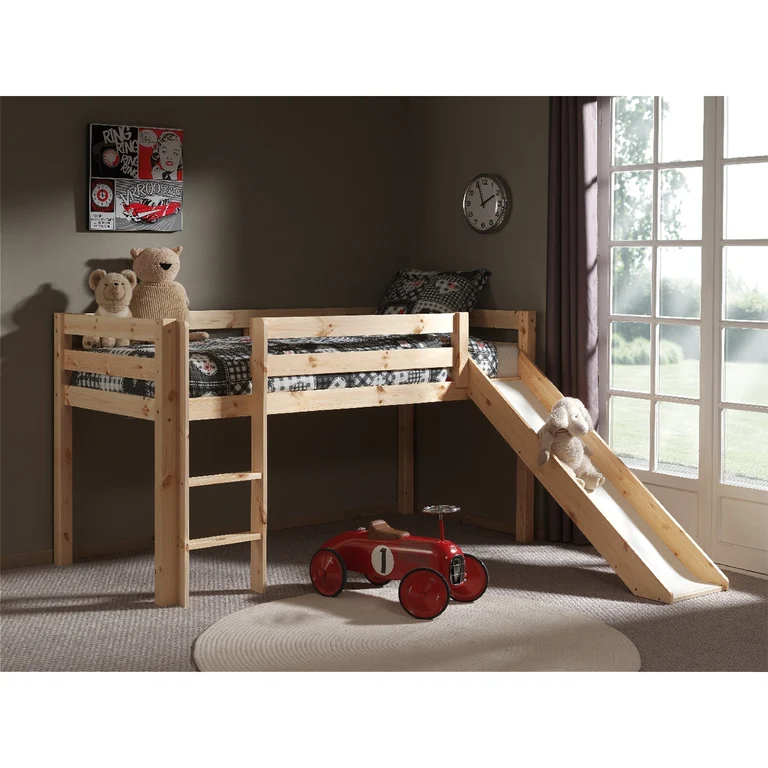 Lit Mi-Hauteur 90x200 avec Toboggan Sommier Inclus Vipack Pino - Bois
