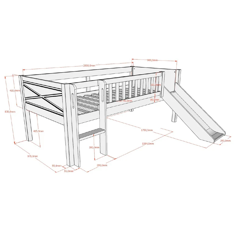 Lit mi-hauteur 90x200 toboggan et sommier inclus Vipack Scott Blanc