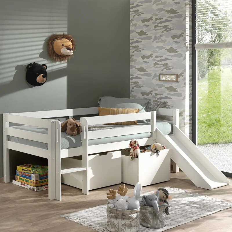 Lit mi-hauteur 90x200 toboggan sommier et tiroirs inclus Vipack Pino Blanc