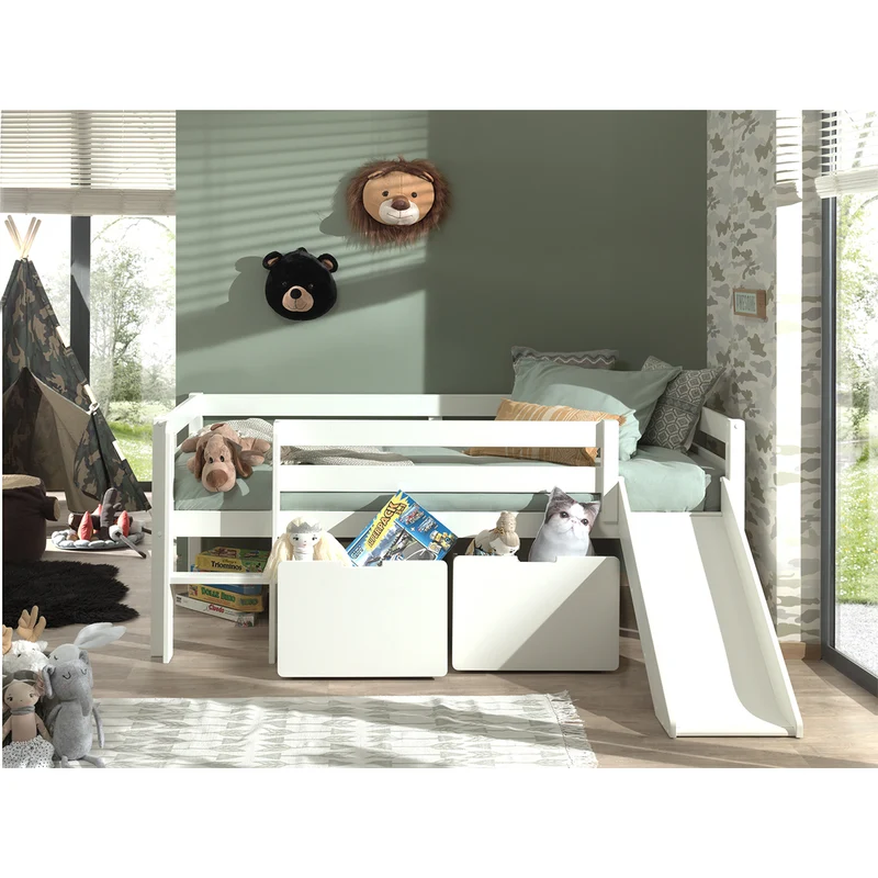 Lit mi-hauteur 90x200 toboggan sommier et tiroirs inclus Vipack Pino Blanc