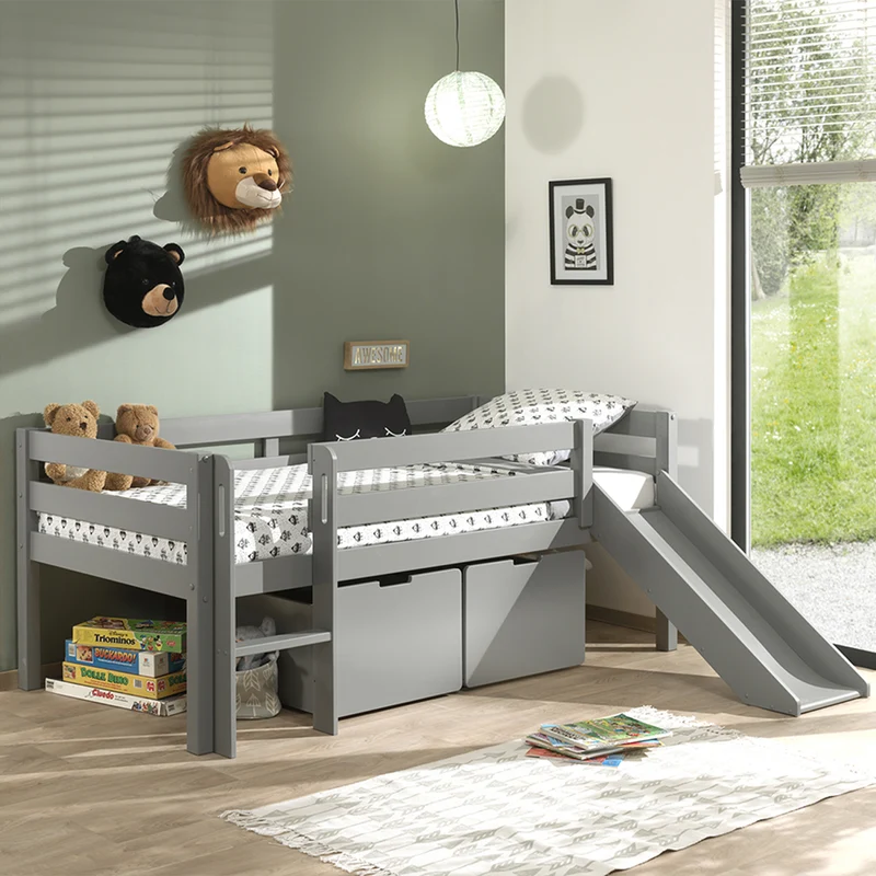 Lit mi-hauteur 90x200 toboggan sommier et tiroirs inclus Vipack Pino Gris