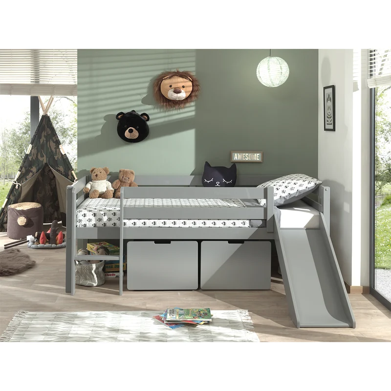 Lit mi-hauteur 90x200 toboggan sommier et tiroirs inclus Vipack Pino Gris