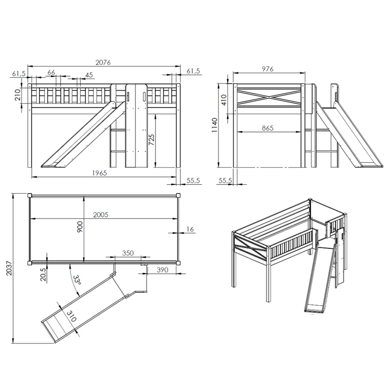 Lit mi-hauteur 90x200 toboggan sommier inclus Vipack Scott Blanc