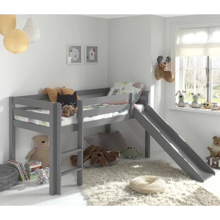 Lit Mi-Hauteur 90x200 avec Toboggan Sommier Inclus Vipack Pino Gris