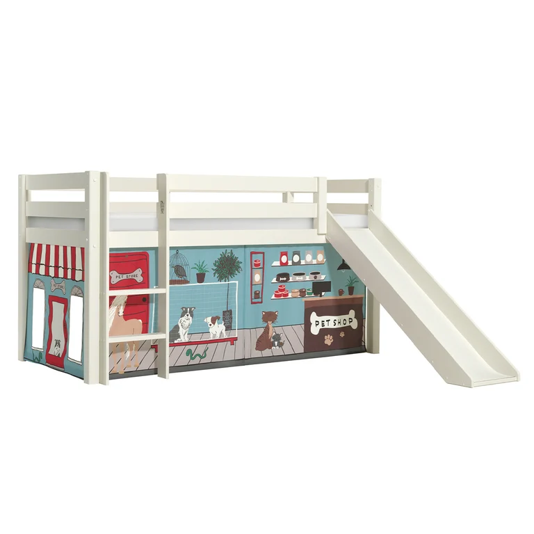 Lit Mi-Hauteur 90x200 Toboggan sommier inclus housse Pet Shop Vipack Pino Blanc