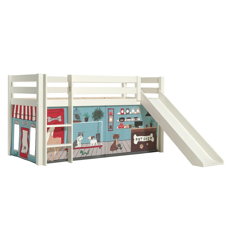 Lit Mi-Hauteur 90x200 Toboggan sommier inclus housse Pet Shop Vipack Pino Blanc