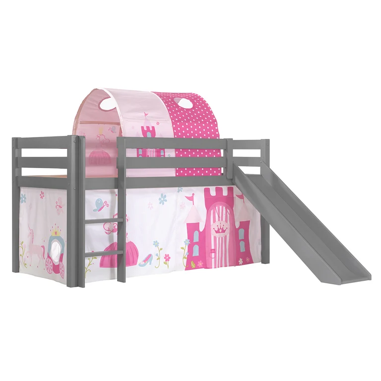 Lit Mi-Hauteur 90x200 avec Toboggan Sommier Inclus et Housse Princesse Vipack Pino Gris