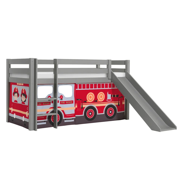 Lit Mi-Hauteur 90x200 Toboggan sommier inclus housse Pompier Vipack Pino Gris