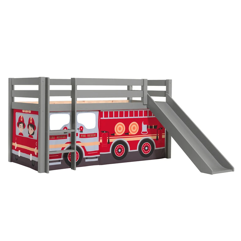 Lit Mi-Hauteur 90x200 Toboggan sommier inclus housse Pompier Vipack Pino Gris