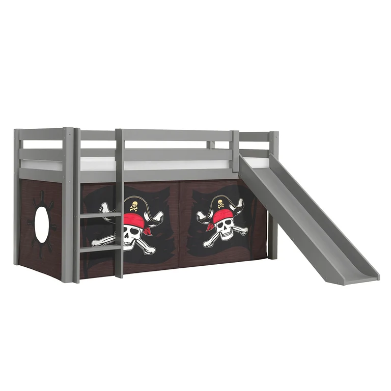 Lit Mi-Hauteur 90x200 Toboggan sommier inclus housse Pirate Vipack Pino Gris