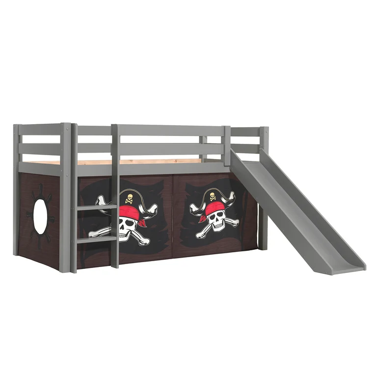 Lit Mi-Hauteur 90x200 Toboggan sommier inclus housse Pirate Vipack Pino Gris