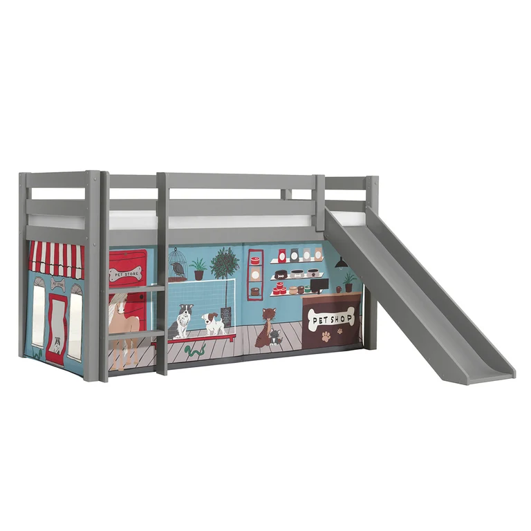 Lit Mi-Hauteur 90x200 Toboggan sommier inclus housse Pet Shop Vipack Pino Gris