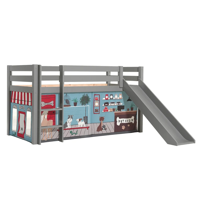 Lit Mi-Hauteur 90x200 Toboggan sommier inclus housse Pet Shop Vipack Pino Gris