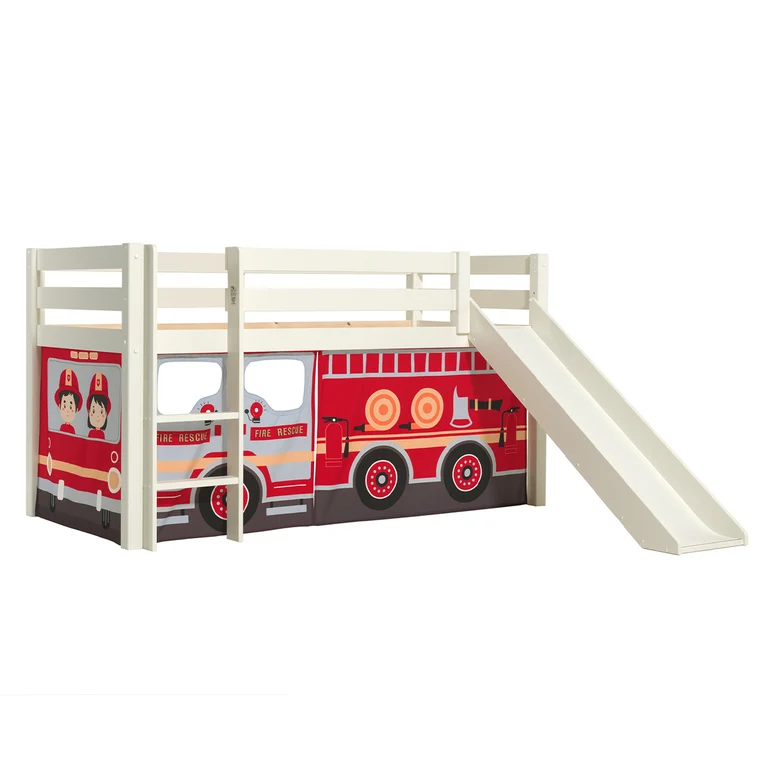 Lit Mi-Hauteur 90x200 Toboggan sommier inclus housse Pompier Vipack Pino Blanc