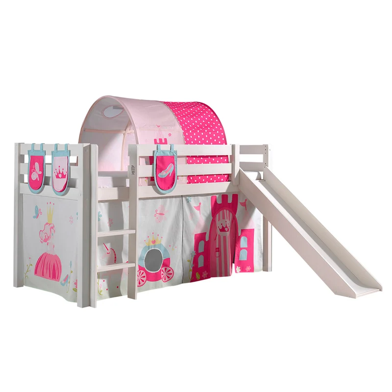 Lit Mi-Hauteur 90x200 avec Toboggan Sommier Inclus et Housse Princesse Vipack Pino - Blanc