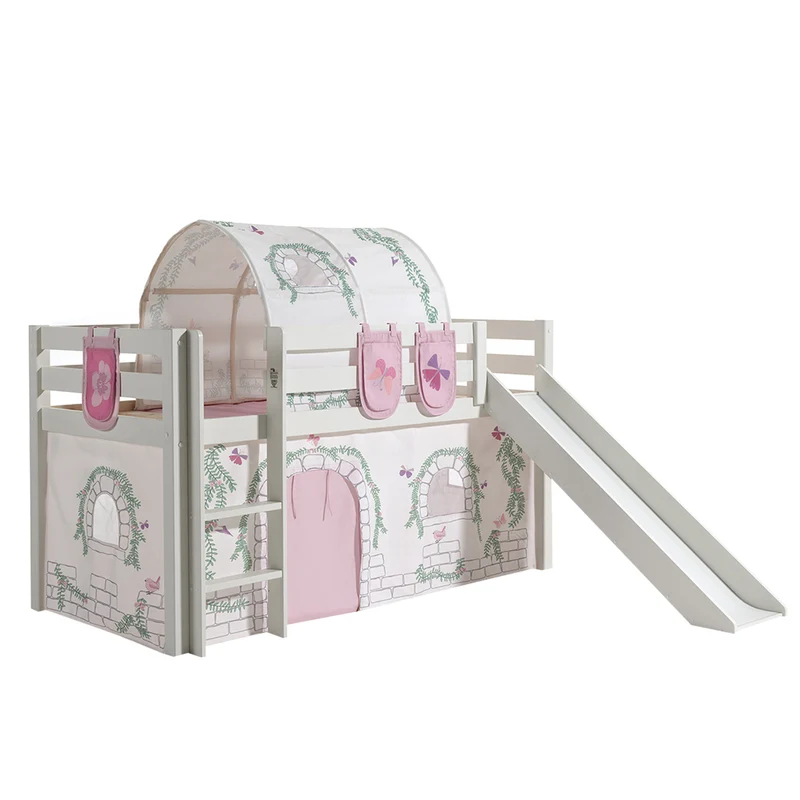 Lit Mi-Hauteur 90x200 avec Toboggan Sommier Inclus et Housse Birdy Vipack Pino - Blanc
