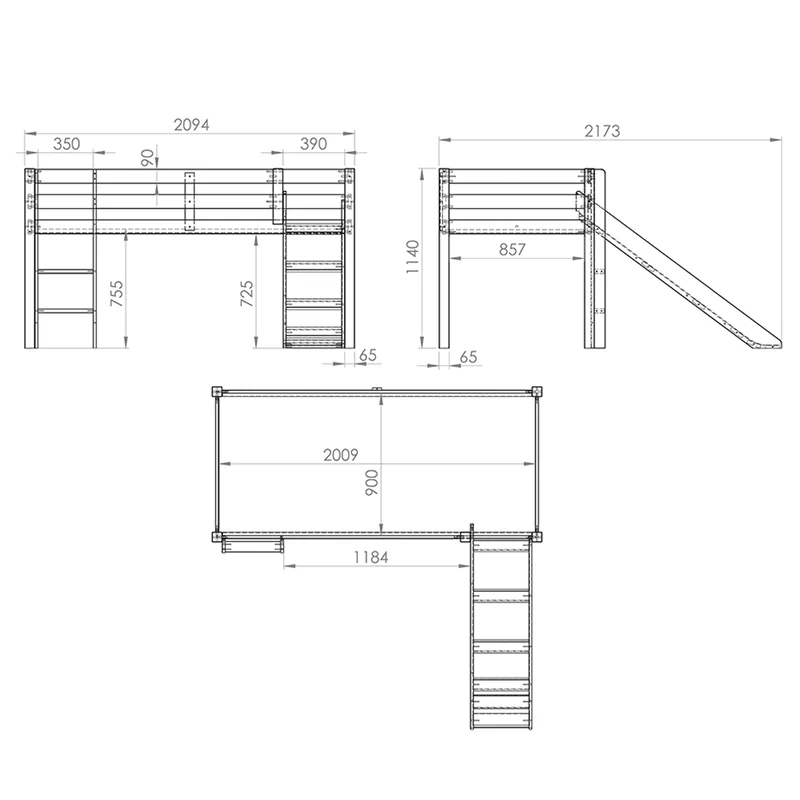 Lit Mi-Hauteur 90x200 avec Toboggan Sommier Inclus et Housse Spring Vipack Pino - Blanc