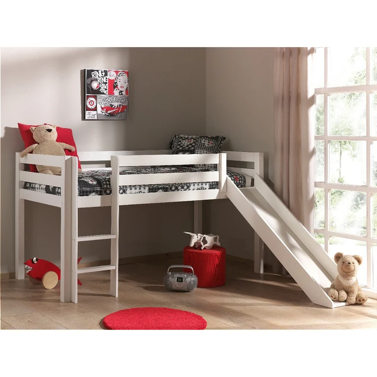 Lit Mi-Hauteur 90x200 avec Toboggan Sommier Inclus Vipack Pino - Blanc