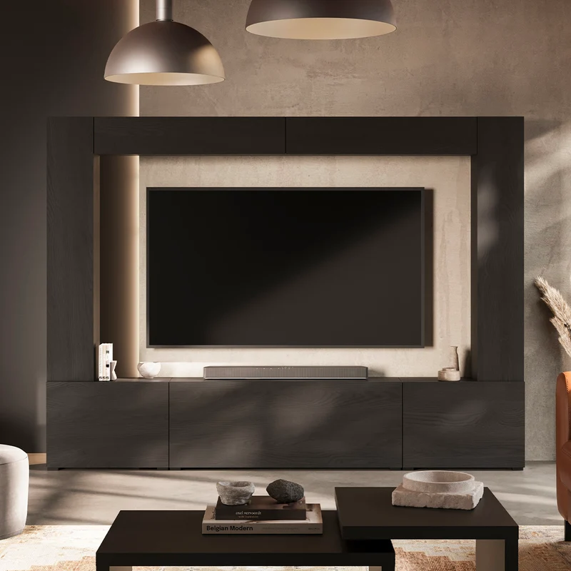 Meuble TV 5 portes 8 niches 260 cm Nala Bois noir