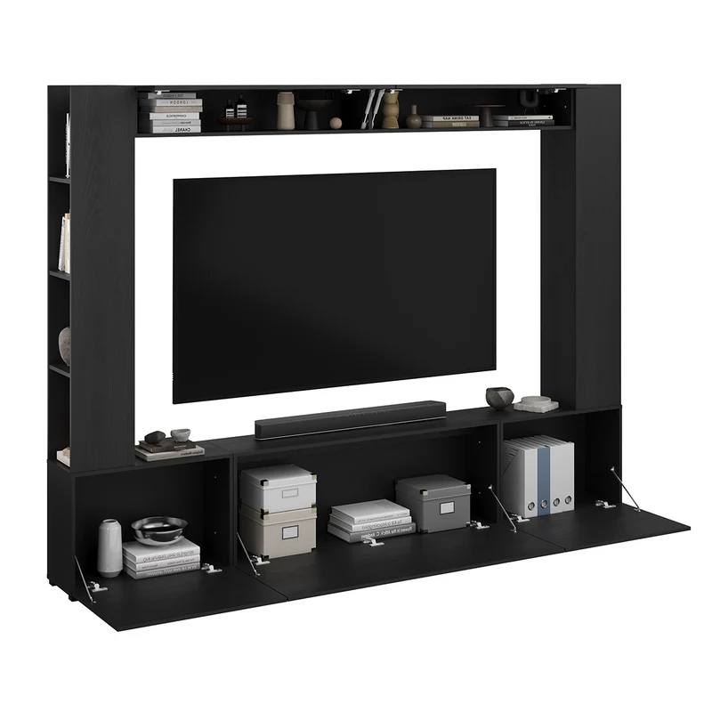 Meuble TV 5 portes 8 niches 260 cm Nala Bois noir