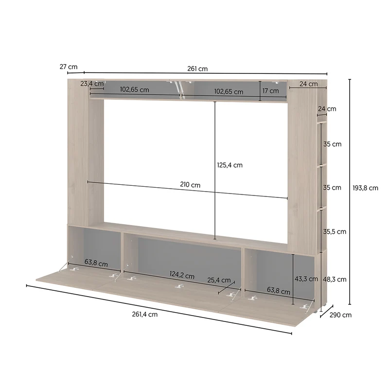 Meuble TV 5 portes 8 niches 260 cm Nala Bois