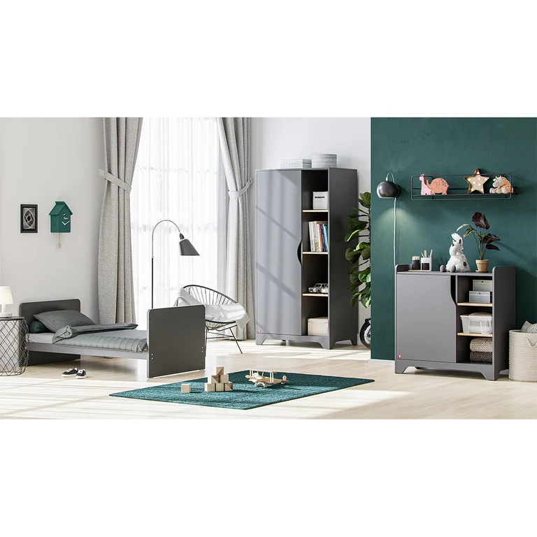 Lit bébé évolutif et Armoire 1 porte Vox Leaf Gris et bois