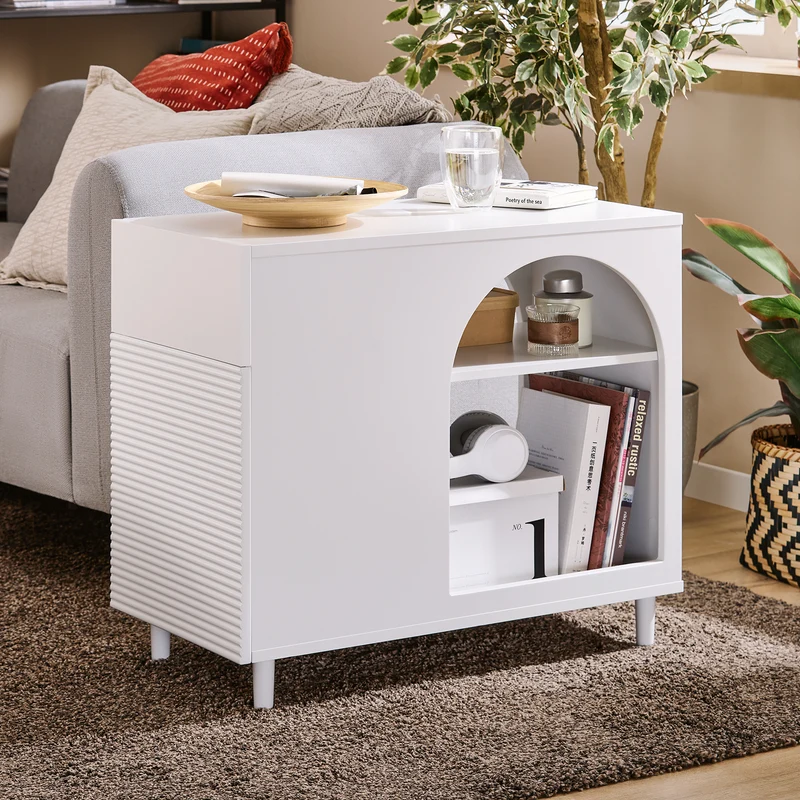 SoBuy FBT135-W Table d’Appoint, Bout de Canapé de Salon, Table à Café, Caisson de Bureau avec 1 Tiroir 1 Porte et Compartiments