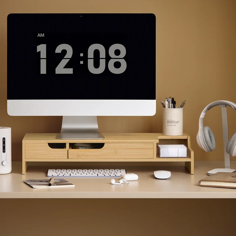 SoBuy BBF12-N Réhausseur d'écran Support de moniteur écran ergonomique Support pour écran d'ordinateur universal, 2 tiroirs