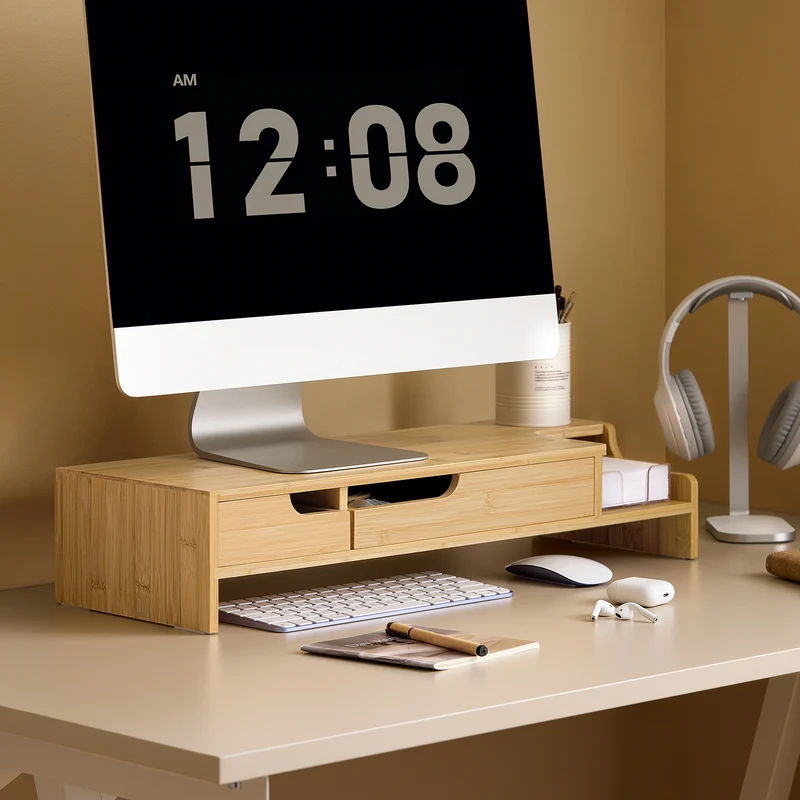 SoBuy BBF12-N Réhausseur d'écran Support de moniteur écran ergonomique Support pour écran d'ordinateur universal, 2 tiroirs