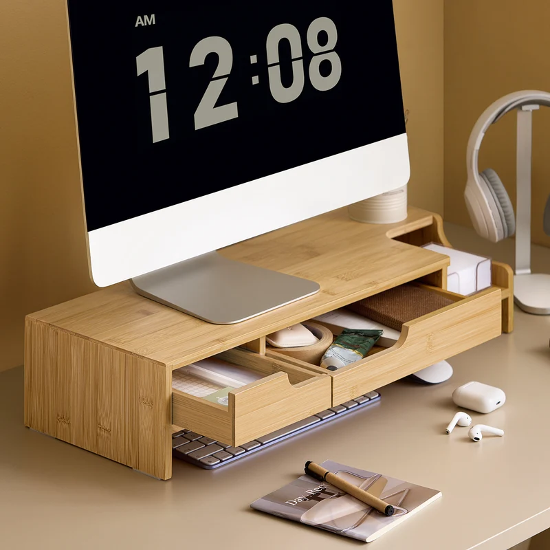 SoBuy BBF12-N Réhausseur d'écran Support de moniteur écran ergonomique Support pour écran d'ordinateur universal, 2 tiroirs