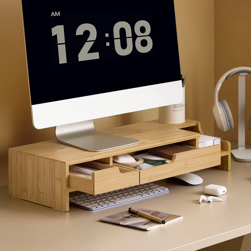 SoBuy BBF12-N Réhausseur d'écran Support de moniteur écran ergonomique Support pour écran d'ordinateur universal, 2 tiroirs