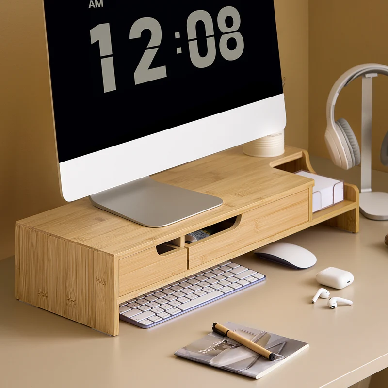 SoBuy BBF12-N Réhausseur d'écran Support de moniteur écran ergonomique Support pour écran d'ordinateur universal, 2 tiroirs