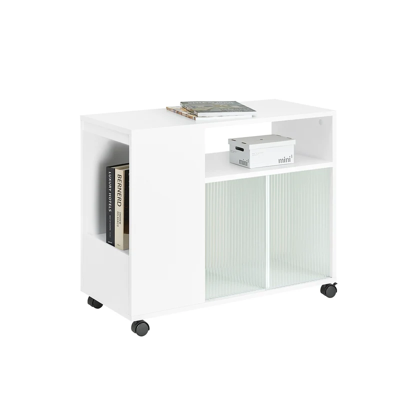 SoBuy FBT142-W Table d’Appoint, Bout de Canapé de Salon, à roulettes, Chariot de Bureau avec tiroir et Portes en Verre