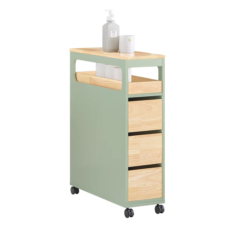 SoBuy BZR54-GR Meuble Salle de Bain à roulettes, Armoire de Salle de Bain Étroit avec 3 Tiroirs et Étagère Réglable, Petit Meuble WC en Bois pour Toilette, Vert, 65x24x82cm