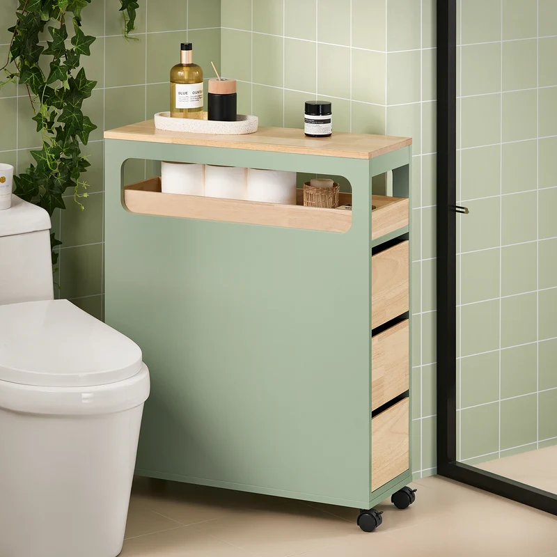 SoBuy BZR54-GR Meuble Salle de Bain à roulettes, Armoire de Salle de Bain Étroit avec 3 Tiroirs et Étagère Réglable, Petit Meuble WC en Bois pour Toilette, Vert, 65x24x82cm