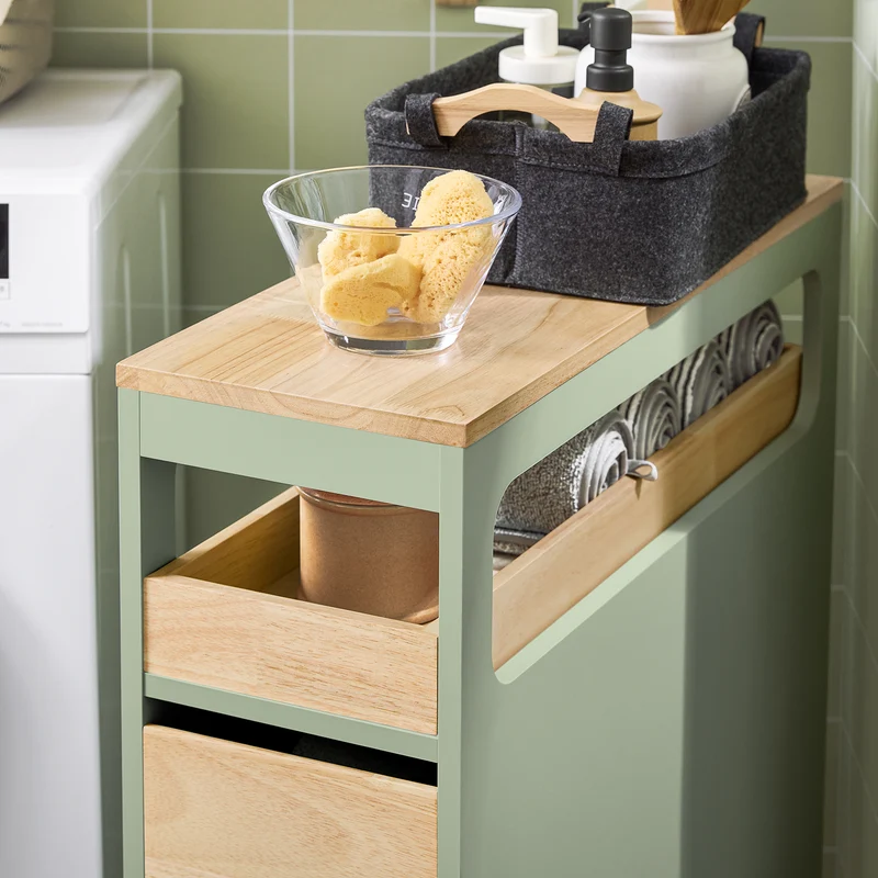 SoBuy BZR54-GR Meuble Salle de Bain à roulettes, Armoire de Salle de Bain Étroit avec 3 Tiroirs et Étagère Réglable, Petit Meuble WC en Bois pour Toilette, Vert, 65x24x82cm