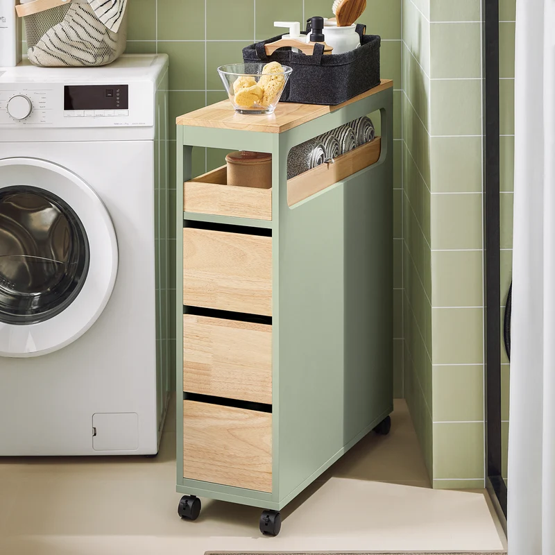 SoBuy BZR54-GR Meuble Salle de Bain à roulettes, Armoire de Salle de Bain Étroit avec 3 Tiroirs et Étagère Réglable, Petit Meuble WC en Bois pour Toilette, Vert, 65x24x82cm