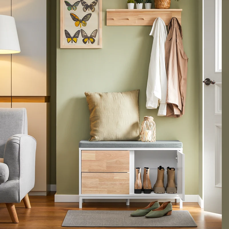 SoBuy FSR167-WN Banc à Chaussures, Banc de Rangement avec Coussin rembourré, Meuble Bas Entrée sur Pieds avec 1 Porte et 2 Tiroirs