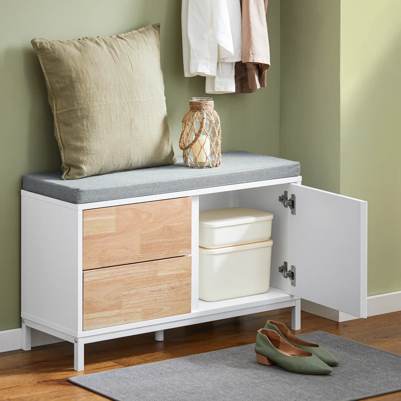 SoBuy FSR167-WN Banc à Chaussures, Banc de Rangement avec Coussin rembourré, Meuble Bas Entrée sur Pieds avec 1 Porte et 2 Tiroirs