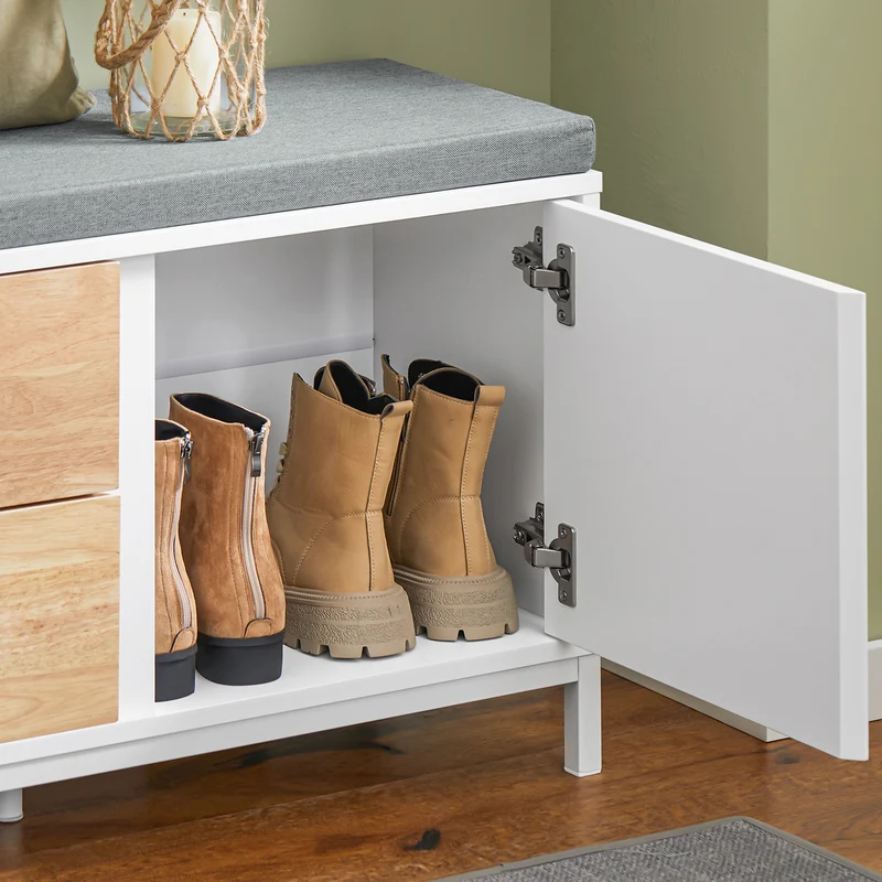 SoBuy FSR167-WN Banc à Chaussures, Banc de Rangement avec Coussin rembourré, Meuble Bas Entrée sur Pieds avec 1 Porte et 2 Tiroirs