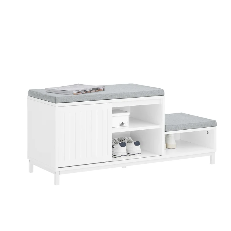 SoBuy FSR166-W Banc de Rangement, Banc à Chaussures avec 2 Coussin Rembourré, avec 1 Porte Coulissante et 3 Compartiments