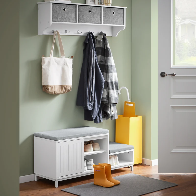SoBuy FSR166-W Banc de Rangement, Banc à Chaussures avec 2 Coussin Rembourré, avec 1 Porte Coulissante et 3 Compartiments