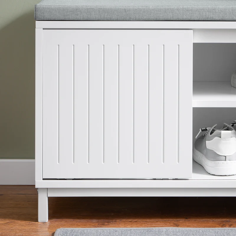 SoBuy FSR166-W Banc de Rangement, Banc à Chaussures avec 2 Coussin Rembourré, avec 1 Porte Coulissante et 3 Compartiments