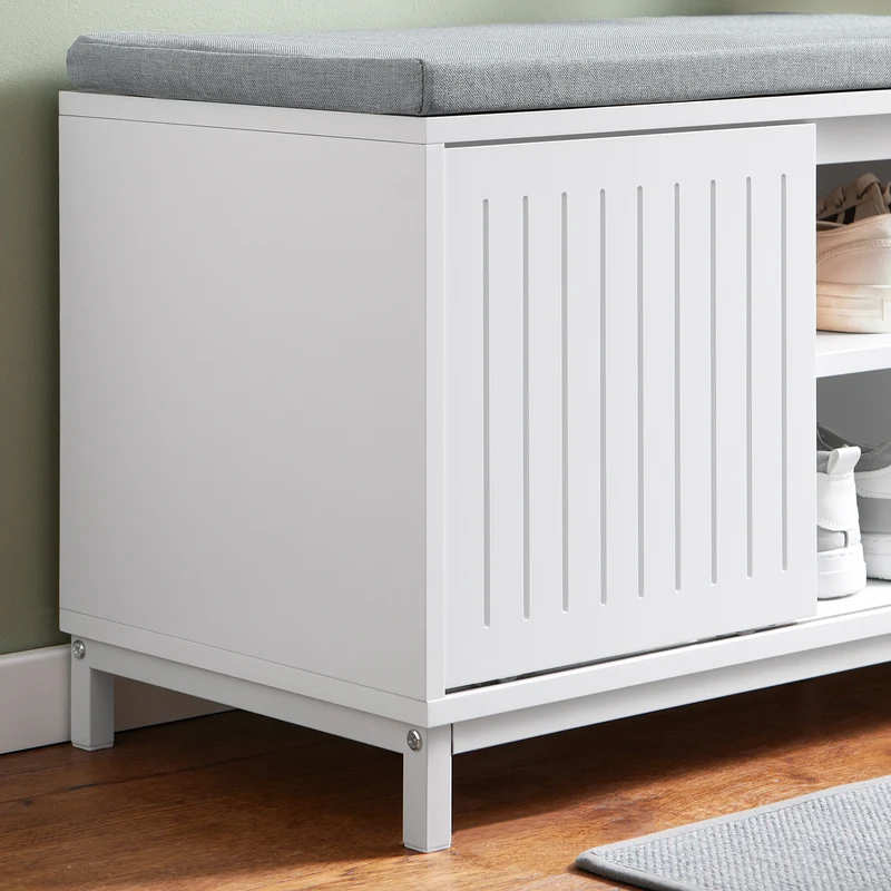 SoBuy FSR166-W Banc de Rangement, Banc à Chaussures avec 2 Coussin Rembourré, avec 1 Porte Coulissante et 3 Compartiments
