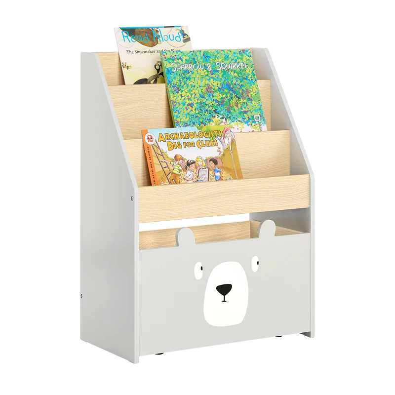 SoBuy KMB104-HG Bibliothèque Enfant, Étagère à Livres, Étagère de Rangement Jouets pour Enfants, Porte-revues avec Boître Roulante et 3 Étagères, Blanc et Gris, L51xP28xH70 cm