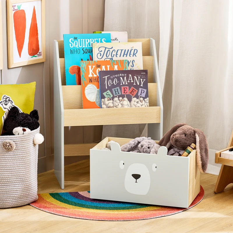 SoBuy KMB104-HG Bibliothèque Enfant, Étagère à Livres, Étagère de Rangement Jouets pour Enfants, Porte-revues avec Boître Roulante et 3 Étagères, Blanc et Gris, L51xP28xH70 cm
