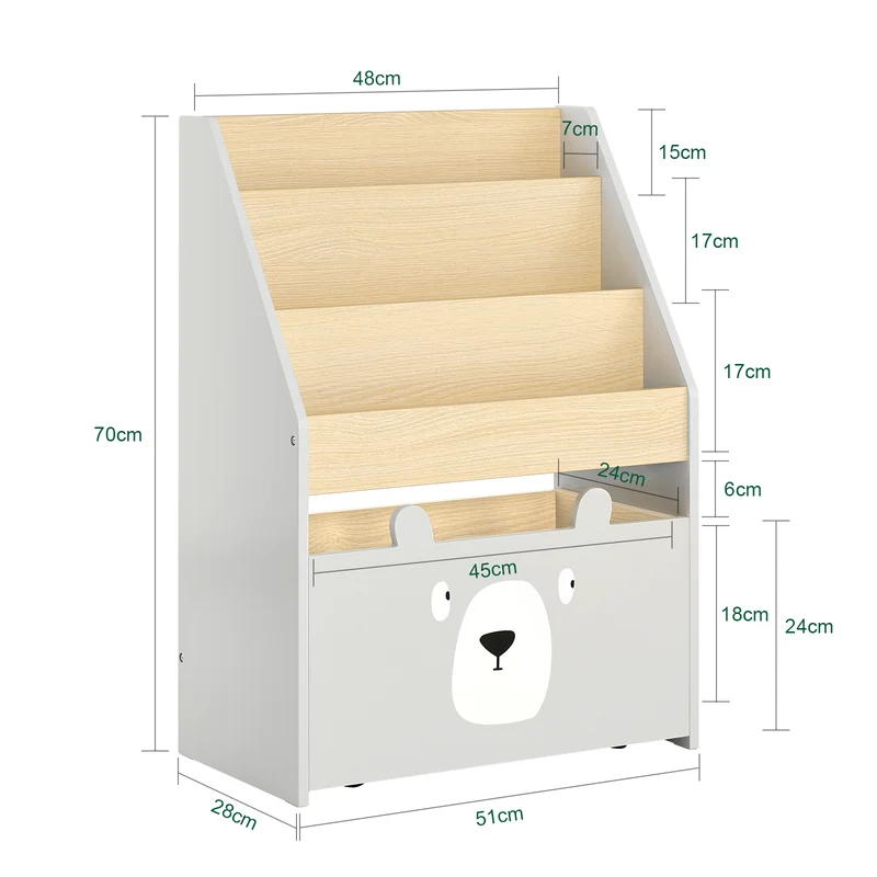 SoBuy KMB104-HG Bibliothèque Enfant, Étagère à Livres, Étagère de Rangement Jouets pour Enfants, Porte-revues avec Boître Roulante et 3 Étagères, Blanc et Gris, L51xP28xH70 cm