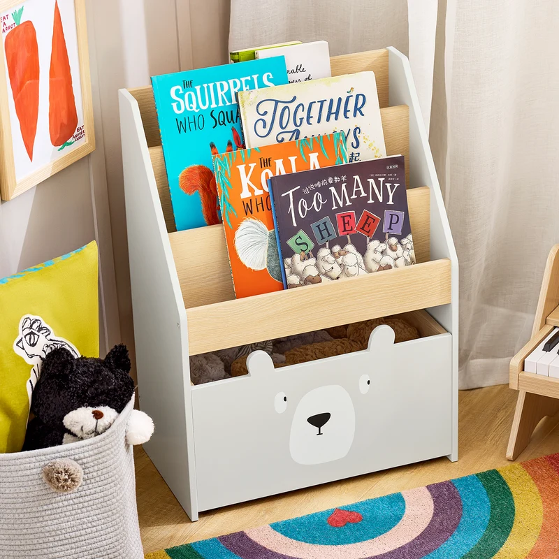 SoBuy KMB104-HG Bibliothèque Enfant, Étagère à Livres, Étagère de Rangement Jouets pour Enfants, Porte-revues avec Boître Roulante et 3 Étagères, Blanc et Gris, L51xP28xH70 cm