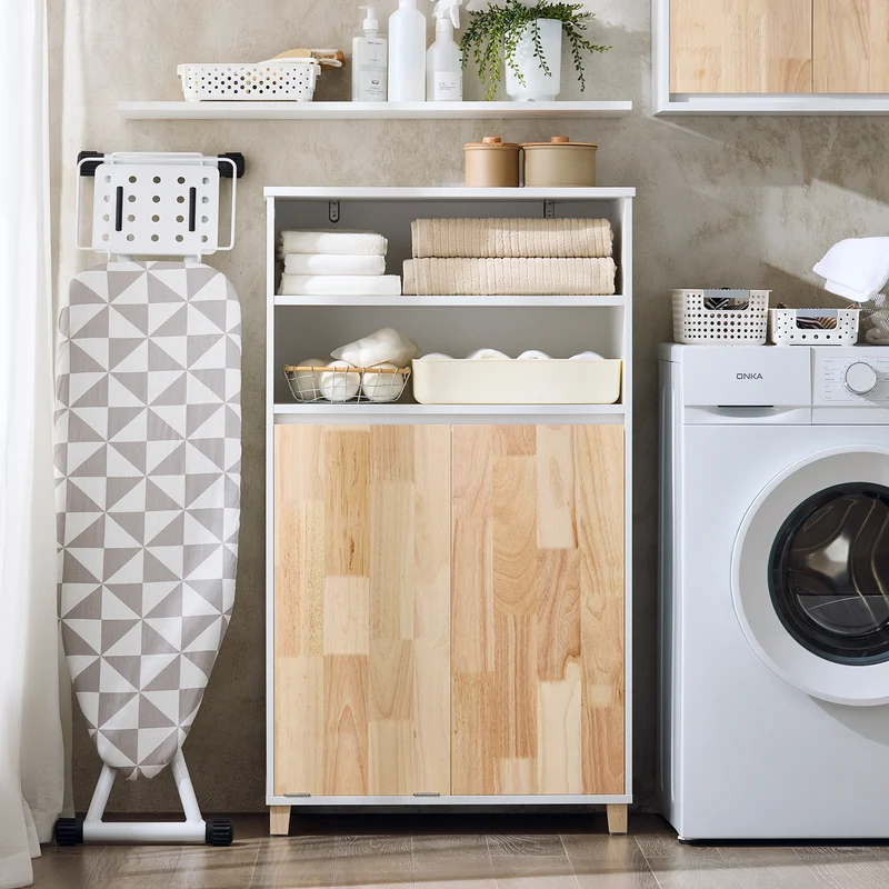 SoBuy BZR143-WN Meuble Bas de Salle de Bain avec Bac à Linge Amovible avec 3 Compartiments et 1 Panier à Linge
